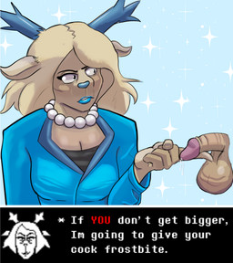 anthro balls blonde_hair blue_horn blue_lipstick blue_nose bodily_fluids breasts clothed clothing disembodied_penis erection eyebrows female frown gem genital_fluids genitals hair horn humiliation jewelry lips lipstick makeup male mature_female necklace pearl_(gem) pearl_necklace penis penis_humiliation scowl simple_background small_penis_humiliation solo suit_jacket text threatening_words pickleticklr deltarune undertale_(series) carol_holiday bovid caprine deer mammal new_world_deer reindeer digital_media_(artwork)