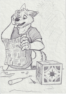 anthro cheek_tuft clothed clothing facial_tuft fangs front_view glistening glistening_eyes head_tuft holding_object holding_paper male male_anthro open_mouth paper scratching_head screwdriver shirt simple_background solo standing t-shirt teeth tools topwear tuft hufnaar canid canine mammal absurd_res hi_res monochrome sketch