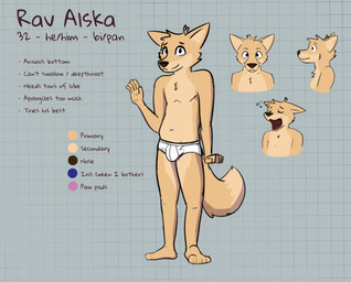 anthro barefoot black_nose briefs briefs_only character_description clothed clothing color_swatch feet fur male monotone_briefs monotone_clothing monotone_underwear open_mouth orange_body orange_fur smile solo stated_age stated_sexuality tan_body tan_fur tighty_whities toony topless topless_anthro topless_male underwear underwear_only white_briefs white_clothing white_underwear yawn ravalska rav_alska canid canine fox mammal hi_res model_sheet