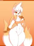 anthro big_breasts bottomless breasts cleavage clothed clothing eyewear female glasses multi_tail orange_background simple_background solo tail thick_thighs wide_hips aceymari riko_suzuki canid canine fox mammal 3:4 absurd_res hi_res