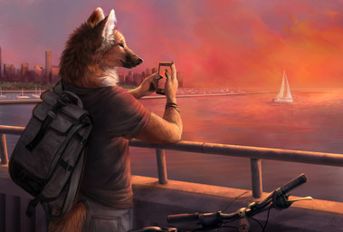anthro backpack bicycle black_nose boat brown_body brown_fur city claws clothed clothing day detailed_background electronics fur holding_object holding_phone inner_ear_fluff male neck_tuft outside phone sailing_boat sailing_watercraft sky smile solo standing tuft vehicle water watercraft wolnir cordite_wolf canid canine mammal maned_wolf 2018 digital_media_(artwork)