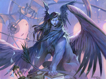 ambiguous_gender book chest_tuft claws feathered_wings feathers feral fur hair head_wings hourglass_(object) human_faced_feral looking_at_viewer sitting solo tail tail_tuft tuft unusual_wing_placement wings jesper_ejsing hasbro magic:_the_gathering mythology wizards_of_the_coast felid mammal mythological_creature mythological_sphinx 2017 absurd_res hi_res official_art traditional_media_(artwork)