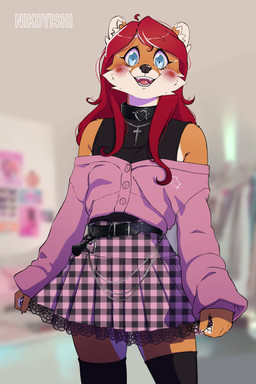 alternative_fashion anthro blue_eyes bottomwear brown_body brown_fur clothed clothing collar cross cross_necklace female fur girly_kei hair j-fashion jewelry jirai_kei lace legwear necklace red_hair skirt solo tan_body tan_fur thigh_highs conditional_dnp nikoyishi bailee_(nikoyishi) canid canine canis domestic_dog mammal shiba_inu spitz 2023 2:3 digital_media_(artwork) hi_res shaded warm_colors