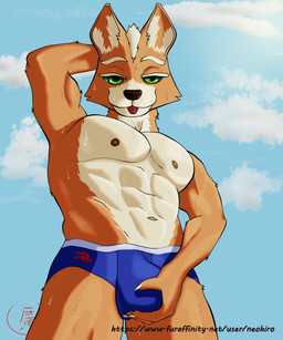 abs anthro bedroom_eyes blep bodily_fluids bulge fur green_eyes hand_behind_head hand_on_crotch looking_at_viewer male muscular muscular_anthro muscular_arms muscular_male muscular_thighs narrowed_eyes navel nipples orange_body orange_fur pecs seductive simple_background solo standing sweat sweatdrop sweaty_body sweaty_face sweaty_legs sweaty_thighs tongue tongue_out neohiro nintendo star_fox fox_mccloud canid canine fox mammal hi_res