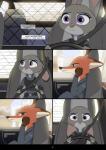 2017 absurd_res anthro belt bulletproof_vest canid canine car clothed clothing comic dipstick_ears disney driving duo english_text female fox hi_res inside_car judy_hopps lagomorph leporid male mammal motor_vehicle multicolored_ears nick_wilde police police_car police_uniform police_vehicle purple_eyes rabbit red_fox seatbelt text true_fox uniform utility_belt vehicle yitexity zootopia