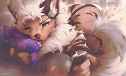 anthro areola biped breasts butt claws dildo female finger_claws fingers front_view fur hair inside lying nipples nude nude_anthro nude_female on_front piercing sex_toy solo striped_body striped_fur stripes tail teeth tongue strigiformes nintendo pokemon arcanine generation_1_pokemon pokemon_(species) 2026 digital_drawing_(artwork) digital_media_(artwork)