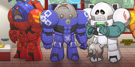 anthro armor biped blue_armor blue_clothing blue_gloves blue_handwear blue_sky bodily_fluids brown_hair clothing day doll employee employee_uniform fast_food_employee fast_food_restaurant fast_food_uniform female floor frown furniture gloves glowing glowing_eyes grey_armor group hair hand_on_face handwear horn inside larger_male looking_at_another looking_down looking_down_at_another mace machine male mask melee_weapon multicolored_armor orange_armor ordering_food power_armor purple_body rag_doll_(toy) red_armor red_clothing red_eyes red_gloves red_handwear ribbons scared sitting size_difference sky space_marine standing substance_intoxication sweat table text tile tile_floor translator_device_(space_king) unicorn_horn uniform weapon white_armor white_body white_sclera window worried yellow_armor yellow_clothing yellow_gloves yellow_handwear yellow_sclera barryfactory flashgitz glitch_productions space_king spudsy's the_amazing_digital_circus bryce_(space_king) captain_(space_king) chestnut_(space_king) gangle_(tadc) hatemace_(space_king) hatemonger_(space_king) jax_(tadc) pomni_(tadc) ragatha_(tadc) animate_inanimate fabric_creature human humanoid lagomorph leporid living_doll living_mask living_toy living_weapon mammal rabbit 2025 absurd_res crossover digital_drawing_(artwork) digital_media_(artwork) english_text hi_res