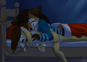 adolescent anthro bdsm bed bedding bite biting_another blanket bodily_fluids bondage bound buckteeth clothed clothing collar cuddling cuff_(restraint) dark drooling duo ears_down eyes_closed female fur furniture handcuffs leash male markings metal_cuffs night nude open_mouth pajamas pillow pivoted_ears predator/prey restrained restraints rope saliva scared shackles slave sleeping spots spotted_body spotted_fur tears teeth tongue young young_anthro feralmoonlight canid canine fox lagomorph leporid mammal rabbit absurd_res hi_res story story_in_description