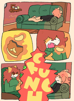 anthro chips_(food) clothing duo female food furniture hoodie male picture_frame sofa sound_effects sweater topwear nyactophiliac haste_(nyactophiliac) leigh_(nyactophiliac) domestic_cat felid feline felis mammal comic hi_res