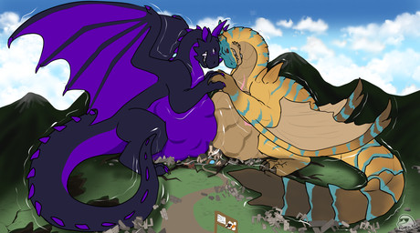 abdominal_bulge ambiguous_gender ambiguous_prey bloated body_size_growth building building_destruction cracked_ground destruction duo feral growth_lines headbutt macro mass_vore mountain multiple_prey outside size_transformation transformation vore flippin-rad capcom monster_hunter mythology grev_(greviste) sini dragon flying_wyvern mythological_creature mythological_scalie scalie tigrex hi_res