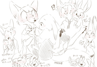 anthro blush bodily_fluids bottomwear claws clothed clothing cross-popping_vein duo fully_clothed fur interrobang multiple_positions necktie pants pawpads shirt sweat sweatdrop toe_claws topwear memegmu disney zootopia judy_hopps nick_wilde american_red_fox canid canine fox lagomorph leporid mammal rabbit red_fox true_fox 2020 hi_res sketch