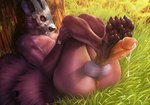 4_toes 5_fingers anthro anus armband autofootjob balls biped black_nose bodily_fluids bone brown_body brown_fur brown_nails brown_pawpads butt claws colored_nails detailed_background erection feet fingers foot_fetish foot_focus foot_play fur genital_fluids genitals grass humanoid_genitalia humanoid_hands humanoid_penis legs_up male mask masturbation multicolored_body multicolored_fur nails orange_eyes outside pawpads paws penile penile_masturbation penis plant precum sitting skull solo toe_claws toes tree two-footed_autofootjob two_tone_body two_tone_fur white_balls white_body white_fur banni_art bradley_(monster's_oath) kurenaikyora canid canine mammal 2021 digital_media_(artwork) hi_res signature