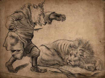 ambiguous_feral ambiguous_gender anthro belt biped boots claws clothed clothed_anthro clothed_male clothing coat crown duo fangs feral finger_claws footwear fur half-closed_eyes headgear holding_melee_weapon holding_object holding_sword holding_weapon looking_aside lying male male_anthro mane melee_weapon narrowed_eyes on_front paper paws quadruped shoes simple_background standing sword tail tail_tuft teeth text topwear tuft weapon whisker_spots unknown_artist public_domain british_lion russian_bear bear felid lion mammal pantherine 19th_century ancient_art english_text graphite_(artwork) hatching_(art) hi_res monochrome shaded traditional_media_(artwork)