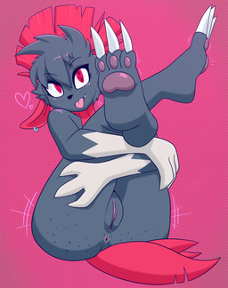 3_fingers 3_toes anthro anthrofied anus bangs biped black_body black_eyebrows black_nose blep butt cheek_tuft claws closed_smile cute_fangs dark_eyelids ear_piercing ear_ring eyebrow_through_hair eyebrows eyelashes facial_tuft fangs feet female finger_claws fingers freckled_butt freckles front_view fur genitals hair hair_over_eye head_tuft heart_eyes heart_symbol holding_legs_up inner_ear_fluff inviting knees_pulled_up leg_grab legs_up looking_at_viewer mouth_closed neck_tuft nude one_eye_obstructed pawpads piercing plantigrade pokemorph presenting presenting_anus presenting_hindquarters presenting_vulva raised_eyebrows red_eyes red_hair ring_piercing simple_background smile smiling_at_viewer snaggle_tooth soles solo tail teasing teeth thick_eyelashes toe_claws toes tongue tongue_out translucent translucent_hair tuft vulva white_claws junebug69 nintendo pokemon fan_character fang_the_weavile generation_4_pokemon mammal pokemon_(species) weavile absurd_res digital_media_(artwork) hi_res pixel_(artwork)