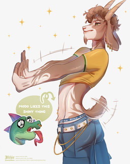 anthro athletic athletic_anthro athletic_male belt bottomwear brown_body brown_fur clothed clothing denim denim_bottomwear denim_clothing dialogue duo ear_piercing fur green_body green_scales horn jeans male male/male navel navel_piercing nose_piecing pants piercing raised_clothing raised_shirt raised_topwear scales shirt short_tail spikes_anatomy star_eyes tail text tongue tongue_out tongue_piercing topwear underwear white_body white_fur altkir goat_(movie) sony_corporation sony_pictures modo_olachenko will_harris bovid caprine goat komodo_dragon lizard mammal monitor_lizard reptile scalie english_text hi_res