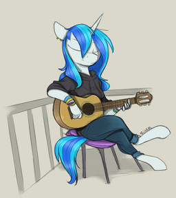 acoustic_guitar alternate_hairstyle anthro blue_hair blue_tail bracelet chair clothing ear_piercing eyes_closed female furniture guitar hair horn humanoid_hands jewelry long_hair musical_instrument piercing plucked_string_instrument sitting smile solo string_instrument sweater tail topwear white_body sinrar friendship_is_magic hasbro my_little_pony mythology vinyl_scratch_(mlp) equid equine mammal mythological_creature mythological_equine unicorn