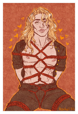 andromedan arms_tied bdsm belt black_bottomwear black_clothing black_pants blonde_hair bondage bottomwear bound clothed clothing exposed_chest ezrihel_(hizrihel) green_eyes hair hands_behind_back heart_symbol light_body light_skin long_hair looking_at_viewer male messy_hair open_clothing open_shirt open_topwear pants pecs pointy_ears restraints rope rope_around_chest rope_around_leg rope_bondage rope_harness shirt simple_background sitting skimpy smile smiling_at_viewer solo spread_legs spreading topwear hizrihel_(artist) elf humanoid hi_res