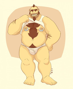 arm_hair beard body_hair boxer_briefs brown_beard brown_facial_hair brown_hair bulge chest_hair clothing facial_hair front_view goatee grin hair looking_at_viewer male mohawk musclegut muscular muscular_humanoid muscular_male nipple_piercing nipple_ring nipples not_furry orange_eyes overweight overweight_humanoid overweight_male piercing pubes ring_piercing short_hair smile solo standing tan_body tan_skin topwear underwear white_boxer_briefs white_clothing white_topwear white_underwear chocolateandmilk humanoid orc 2016 dated hi_res