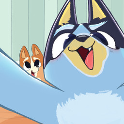 anthro black_nose blue_body blue_fur blush close-up duo eyebrows fangs female floor fur glistening glistening_eyes inside looking_at_viewer looking_up open_mouth orange_body pointy_ears prick_ears raised_arm standing teeth toony toony_eyes wallpaper_(decoration) wood wood_floor young dappytime bluey_(series) bingo_heeler bluey_heeler australian_cattle_dog canid canine canis cattledog domestic_dog herding_dog mammal pastoral_dog 1:1 2025 colored digital_drawing_(artwork) digital_media_(artwork) half-length_portrait portrait