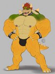 abs anthro areola barazoku barefoot biceps big_bulge big_muscles big_pecs bracelet bulge claws clothed clothing collar deltoids eyebrows feet grey_background hair hands_on_hips horn huge_muscles jewelry looking_at_viewer male manly muscular muscular_anthro muscular_male navel nipples non-mammal_nipples open_mouth open_smile pecs plantigrade quads serratus shadow shell simple_background smile solo spiked_bracelet spiked_collar spiked_shell spiked_tail spikes spikes_(anatomy) standing tail teeth thick_arms thick_thighs thong thong_only tongue topless topless_anthro topless_male underwear underwear_only classicmuzzle_(artist) mario_bros nintendo bowser koopa scalie 2025 3:4 hi_res watermark