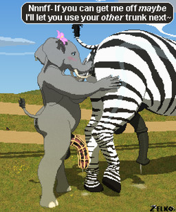 anal anal_fluids anal_juice_drip anal_penetration animal_genitalia animal_penis anthro anthro_on_feral anus bestiality blush bodily_fluids breasts chastity_cage chastity_device cum dominant dominant_feral dominant_male dripping duo equine_anus equine_genitalia equine_penis feral field flared_penis flower_accessory genital_fluids genitals gynomorph gynomorph_on_feral intersex intersex/male intersex_on_feral jewelry male male_feral oral penetration penile penis penis_size_difference precum precum_drip presenting presenting_anus proboscis_(anatomy) puffy_anus quadruped raised_tail sex snout_fuck speech_bubble striped_body stripes submissive submissive_anthro tail tail_fluff text trunk_(anatomy) trunk_in_ass trunk_play trunk_sex conditional_dnp zelkothezeeb zelko elephant elephantid equid equine hybrid mammal proboscidean zebra 5:6 digital_media_(artwork) hi_res pixel_(artwork)