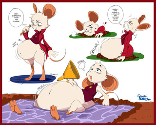 anthro belly big_belly cheek_bulge clothing feet female fur overweight red_clothing soles solo speech_bubble text white_body white_fur clinkoclinko mina_the_hollower yacht_club_games mina_(mina_the_hollower) mammal mouse murid murine rodent 2026 hi_res