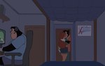 anthro arms_around_neck bed bedroom black_body black_eyebrows black_fur black_hair black_nose blue_bottomwear blue_clothing blue_jeans blue_pants blue_shirt blue_shorts blue_text blue_topwear book bottomwear brown_body brown_fur brown_nose chair clothed clothed_anthro clothed_female clothed_male clothing computer denim denim_bottomwear denim_clothing denim_shorts desk door ear_piercing electronics eyebrows eyes_closed female female_anthro french_kissing fur furniture gloves green_clothing green_shirt green_topwear group hair hand_on_butt hand_on_neck handwear hug inside intraspecies jeans kissing long_hair male male/female male_anthro midriff monitor mouth_closed multicolored_body multicolored_fur obese obese_anthro obese_male office_chair overweight overweight_anthro overweight_male pants piercing poster red_clothing red_hair red_shirt red_topwear shelf shirt short_hair shorts sitting snout standing t-shirt table tan_body tan_fur text topwear trio two_tone_body two_tone_fur white_clothing white_gloves white_handwear amugea disney goof_troop max_goof pj_(goof_troop) roxanne_rover canid canine canis domestic_dog mammal absurd_res english_text hi_res