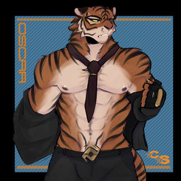 abs accessory anthro belt belt_buckle bottomwear buckle bulge clothing countershading fangs fingerless_gloves fur gloves handwear jacket male muscular muscular_male necktie nipples orange_body orange_fur pants pattern_background pecs pubes simple_background solo striped_background stripes tail teeth text topwear undressing y2k_(graphic_design) yellow_sclera cerberussenn epic_games fortnite oscar_(fortnite) felid mammal pantherine tiger 1:1 absurd_res english_text hi_res huge_filesize signature