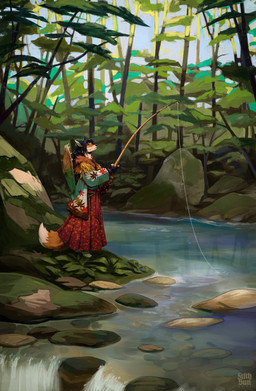 ambiguous_gender anthro asian_conical_hat bamboo black_hair blue_eyes bottomwear clothing detailed_background dipstick_tail fingerless_gloves fishing fishing_rod footwear forest forest_background fur gloves hair handwear hat headgear headwear markings melee_weapon nature nature_background orange_body orange_fur outside pattern_clothing plant pointy_ears prick_ears skirt snaggle_tooth socks solo sword tail tail_markings topwear tree water waterfall weapon 5thsun canid canine fox mammal 2026 digital_media_(artwork) hi_res