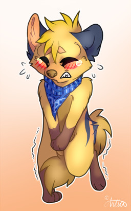 ambiguous_gender anthro blue_markings blush bodily_fluids brown_paws clenched_teeth desperation eyes_closed flying_sweatdrops fur holding_crotch kerchief markings omorashi on_one_leg one_leg_up pee_desperation potty_dance raised_leg shaking simple_background solo standing sweat sweatdrop tears teeth trembling yellow_body yellow_fur deebrat jasper_(jasperazzi) canid canine canis mammal wolf 2017 5:8