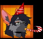 anthro black_hair black_nose clothing eyewear fur glasses green_eyes grey_body grey_fur hair hat headgear headwear solo kittydee khopesh_aeterno canid canine mammal 2022 alpha_channel digital_media_(artwork)