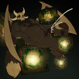 anthro beard bodily_fluids bone claws cube cum cumshot ejaculation facial_hair fangs genital_fluids horn lounging lying male masturbation nipples on_back orgasm overweight overweight_male portal skull skull_head solo stroking_penis teeth watching_video wings papa_olive disney the_owl_house youtube papa_titan_(the_owl_house) demon titan_(the_owl_house) 1:1