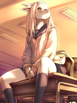 5_fingers anthro biped black_bottomwear black_clothing black_legwear black_skirt black_stockings bottomwear chair clothed clothing desk female fingers fully_clothed fur furniture hair horizontal_pupils inside kemono legwear on_desk pupils school sitting skirt solo stockings table uniform white_body white_fur white_hair kikurage bovid caprine goat mammal 3:4 digital_media_(artwork) shaded
