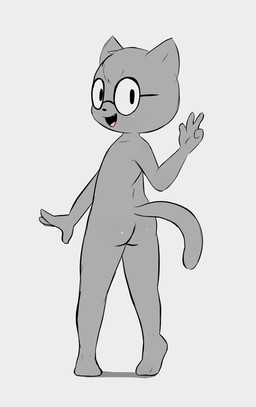 anthro butt eyewear eyewear_only gesture glasses glasses_only grey_body hand_gesture happy looking_at_viewer looking_back male nude nude_anthro nude_male pose smile solo standing v_sign wearing_glasses young young_anthro young_male e254e tom_(e254e) domestic_cat felid feline felis mammal hi_res