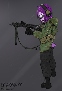 anthro black_bottomwear black_clothing black_pants bottomwear camo_hoodie camo_jacket clothed clothed_female clothing female fully_clothed fully_clothed_female fur gun hair holding_gun holding_object holding_ranged_weapon holding_rifle holding_weapon hooded_jacket military_uniform pants purple_body purple_fur purple_hair raining ranged_weapon rifle solo uniform weapon bravobunny bravo_(bravobunny) lagomorph leporid mammal rabbit full-length_portrait hi_res portrait