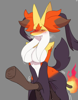 anthro anthrofied big_breasts biped blush bodily_fluids breasts featureless_breasts female fingers fire front_view fur genital_fluids grey_body grey_fur grey_tail inner_ear_fluff nude nude_anthro nude_female pokemorph red_body red_eyes red_fur simple_background solo standing tail thick_thighs tuft vaginal_fluids wide_hips buta99 nintendo pokemon pokemon_legends_z-a generation_9_pokemon mega_delphox mega_evolution pokemon_(species) 2025 absurd_res digital_drawing_(artwork) digital_media_(artwork) hi_res