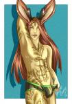 blue_background brown_hair clothing hair hand_behind_head horn long_hair looking_at_viewer male pose raised_arm simple_background solo underwear pancakebunny yelbun animal_humanoid humanoid lagomorph lagomorph_humanoid leporid leporid_humanoid mammal mammal_humanoid rabbit rabbit_humanoid 2016 digital_media_(artwork) hi_res