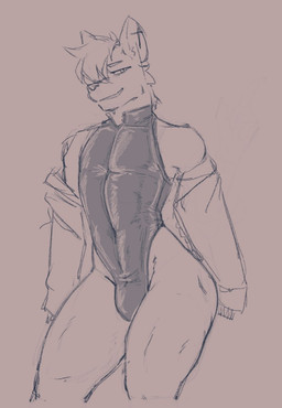 anthro bulge clothing cross cross_ear_piercing cross_piercing hair hair_over_eye hoodie latex latex_clothing latex_leotard leotard male navel piercing slim_male smile smirk solo thick_thighs topwear undercovernezha spiritu_nogales canid canine canis chihuahua domestic_dog mammal toy_dog hi_res mixed_media monochrome shaded sketch