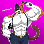 abs anthro belt big_muscles big_pecs black_eyes blush bottomwear cat_tail clothed clothing denim denim_bottomwear denim_clothing flexing gun gun_holster holster huge_muscles huge_pecs jeans looking_at_viewer male mottled muscular muscular_anthro muscular_male overalls pants pecs piebald ranged_weapon smile smirk solo topless weapon omegabrawl epic_games fortnite meowscles calico_cat domestic_cat felid feline felis mammal 1:1