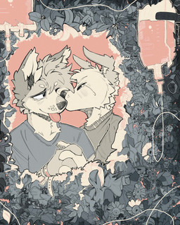 ambiguous_gender anthro bodily_fluids clothed clothing duo flower hand_holding hospital_bracelet interlocked_fingers iv_bag iv_line kissing_cheek male male/ambiguous plant shirt t-shirt tears tongue tongue_out topwear littlearrowdog canid canine canis domestic_dog mammal hi_res
