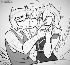 anthro blush caressing caressing_face clothing duo eyes_closed feathered_tail feathers female hair kiss_on_lips kissing long_hair male spiked_tail spikes spikes_(anatomy) tail translucent translucent_clothing wide_eyed seven_(artist) cavemanon_studios goodbye_volcano_high ko_op_(game_developer) snoot_game reed_(gvh) rosa_(gvh) aquilops ceratopsian dinosaur dromaeosaurid marginocephalian ornithischian prehistoric_species reptile saurischian scalie theropod velociraptor monochrome