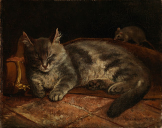 ambiguous_feral ambiguous_gender detailed_background digitigrade duo eyes_closed feral fur inner_ear_fluff lying on_side pawpads paws predator/prey quadruped size_difference sleeping solo_focus standing tail tuft whiskers adolf_becker domestic_cat felid feline felis mammal murid murine rat rodent 1864 19th_century absurd_res ancient_art dated hi_res oil_painting_(artwork) painting_(artwork) signature traditional_media_(artwork) traditional_painting_(artwork)
