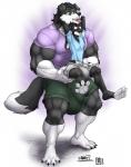 anthro big_bulge bulge clothed clothing duo huge_bulge hyper hyper_bulge male male/male muscular muscular_male nipple_outline size_difference smile tongue tongue_out daigo kimbyfox andy_mcdougal filut border_collie canid canine canis collie domestic_dog herding_dog lagomorph laquine leporid mammal pastoral_dog rabbit sheepdog hi_res