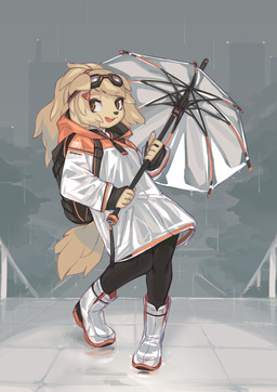 animal_ears anthro backpack bag black_clothing black_leggings black_legwear blonde_hair boots brown_eyes chinese_commentary city cityscape clothed clothing coat commentary contrapposto dog_tail english_commentary eyewear eyewear_on_head female floppy_ears folded_ears footwear fur goggles goggles_on_head hair high_collar high_ponytail holding_object holding_umbrella leggings legwear long_sleeves looking_at_viewer mandarin_collar ponytail raincoat raining rubber_boots shoes solo tail three-quarter_view topwear translucent translucent_clothing tsurime umbrella white_raincoat yellow_body yellow_fur tyson_tan spirit_animals_in_disguise estinne_the_spirit_dog canid canine canis domestic_dog mammal 2018 absurd_res digital_media_(artwork) full-length_portrait hi_res krita_(artwork) portrait signature