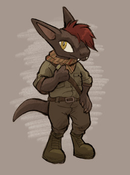 anthro belt boots bottomwear brown_body chibi clothed clothing digitigrade fangs footwear furgonomic_footwear furgonomics hair kerchief male mohawk neckerchief neckwear pants red_hair shirt shoes simple_background solo standing teeth topwear yellow_eyes berlin project_silverfish inheritor lizard reptile scalie 2025 hi_res