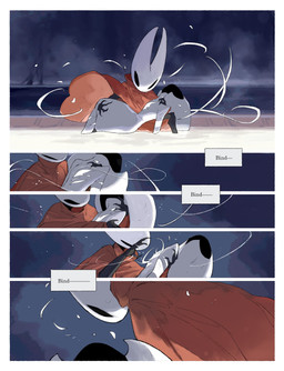 anthro biped black_body black_eyes carrying_another cloak clothing detailed_background dialogue duo dying empty_eyes eyes_closed female female_anthro female_humanoid gash holding_another mouthless partially_submerged red_cloak red_clothing silk spa speech_bubble text unconscious water white_body wounded darkdog hollow_knight:_silksong hollow_knight_(franchise) team_cherry hornet_(hollow_knight) lace_(hollow_knight:_silksong) arthropod humanoid 2025 absurd_res comic digital_drawing_(artwork) digital_media_(artwork) english_text hi_res