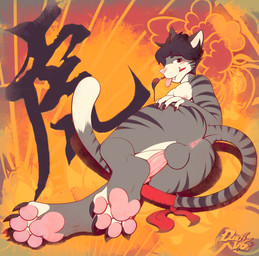 anus balls bedroom_eyes black_hair black_stripes brush butt erection fur genitals grey_body grey_fur hair half-closed_eyes humanoid_genitalia humanoid_penis inviting lying male narrowed_eyes nude on_side paintbrush pawpads paws penis perineum pink_pawpads presenting presenting_anus presenting_balls presenting_hindquarters presenting_penis seductive smile smirk smug smug_face striped_body striped_fur stripes tail tail_wraps tongue tongue_out white_body white_fur wraps dustythebat domestic_cat felid feline felis mammal hi_res