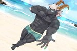 anthro beach black_body black_fur bulge clothed clothing eyewear fur glasses green_eyes hair horn looking_at_viewer male muscular muscular_anthro muscular_male nipples outside reaching_towards_viewer sea seaside smile solo standing swimwear underwear underwear_only water white_hair nama_mototo lifewonders tokyo_afterschool_summoners tanngrisnir_(tas) bovid caprine goat mammal 2022 digital_drawing_(artwork) digital_media_(artwork) hi_res