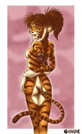 anthro breasts butt featureless_breasts felid female green_eyes mammal mana_(artist) nude pantherine rear_view seductive side_boob simple_background small_butt solo stripes tail thigh_gap tiger