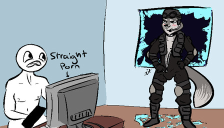 anthro blush broken_window bulletproof_vest computer duo electronics eye_contact faceless_character faceless_male humor looking_at_another male simple_background tactical_gear text jam_(artist) reverend_wolf_(jam) canid canine canis human mammal wolf 2015 7:4 aliasing binary_drawing censored digital_drawing_(artwork) digital_media_(artwork)